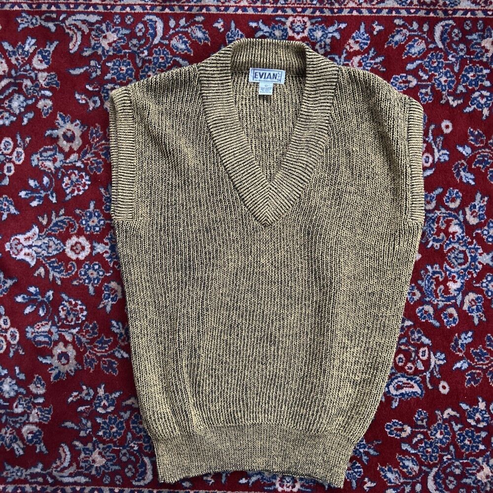 Vintage 80s Evian LTD Yellow Black Knit Sweater Cardigan Vest Men's Size Large